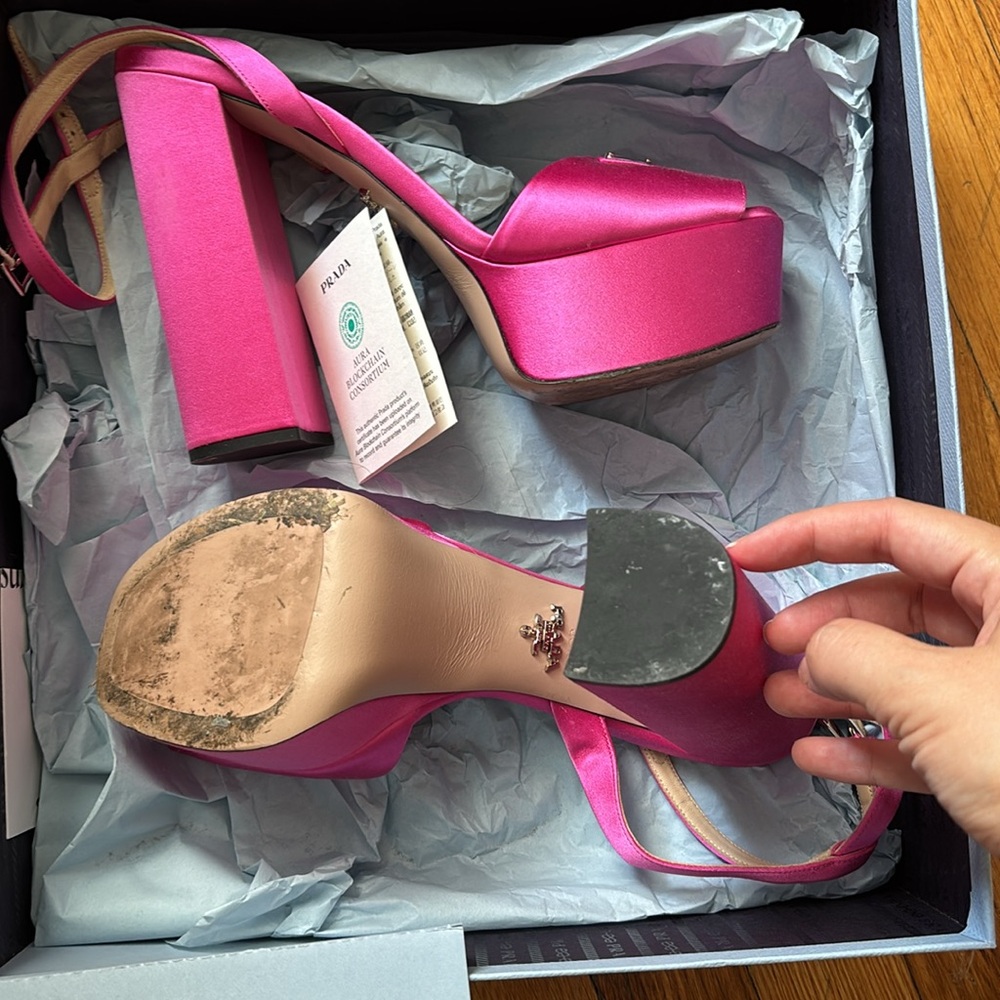 Prada Pink Platform Heels Logo Satin Sandals Open Toe 39.5 - Picture 2 of 6